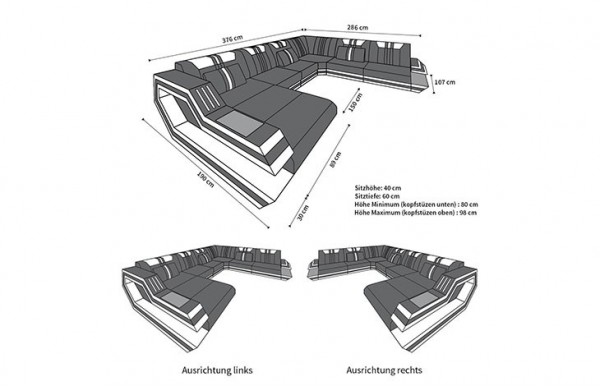 RAVENNA - XL Form, Ausrichtung rechts, Leder, Schlaffunktion