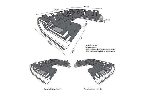 RAVENNA - XL Form, Ausrichtung links, Leder, Schlaffunktion