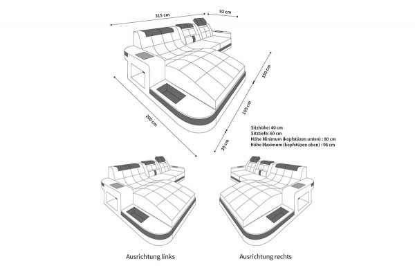 WAVE - L Form, Ausrichtung rechts, Leder, Schlaffunktion