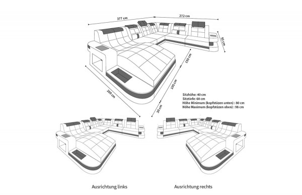 WAVE - XL Form, Ausrichtung rechts, Leder, Schlaffunktion