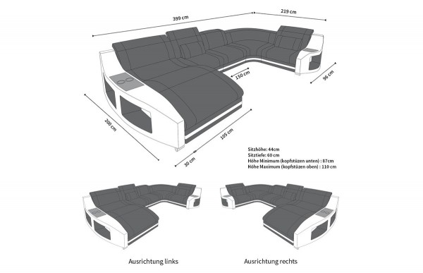 SWING - U-shape, left orientation, leather, lying function